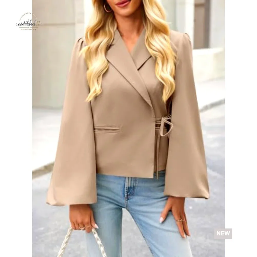 Puff Sleeve Cropped Blazer V Neck Wrap Trench Coat Office Casual - Picture 2 of 7